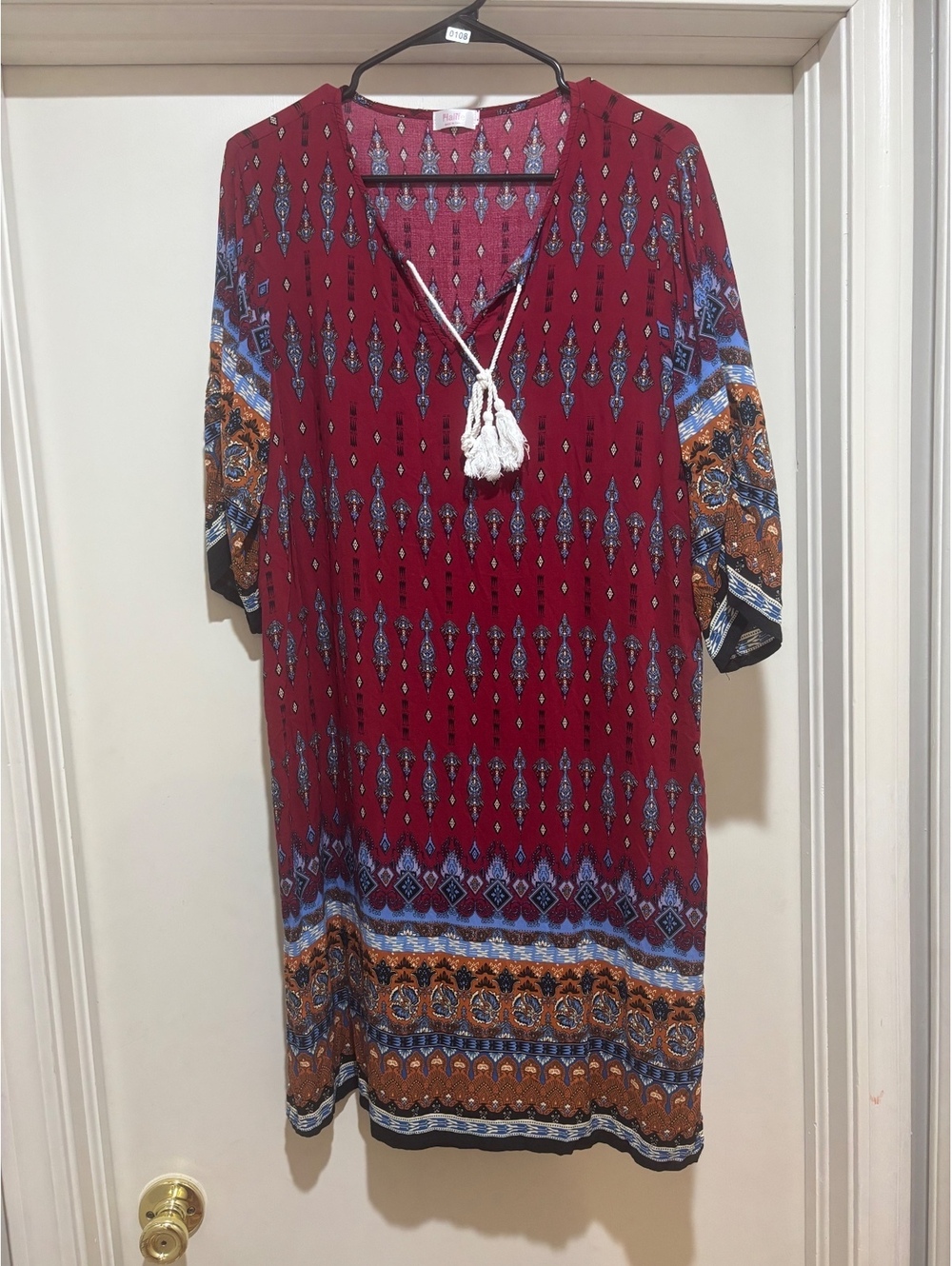 Halife Boho Paisley Tassel Shift Dress Burgundy Blue Women’s Large